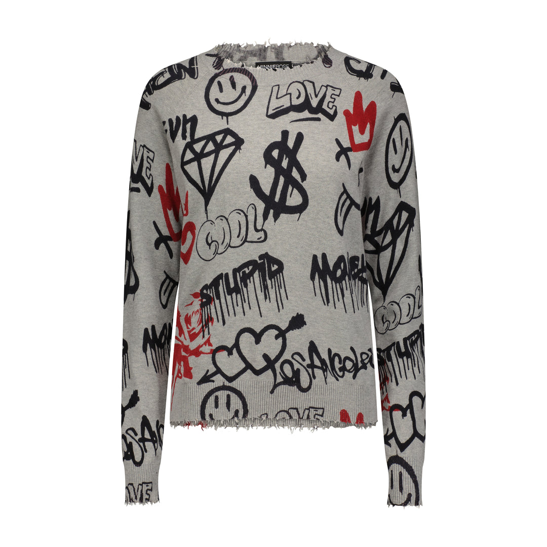 Cotton/Cashmere Graffiti Print Frayed Crew
